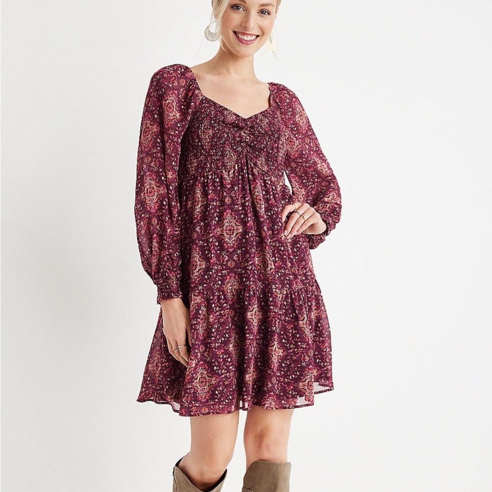 Medallion Smocked V Neck Babydoll Mini Dress Sz M Y2K Empire Waist Coquette Twee